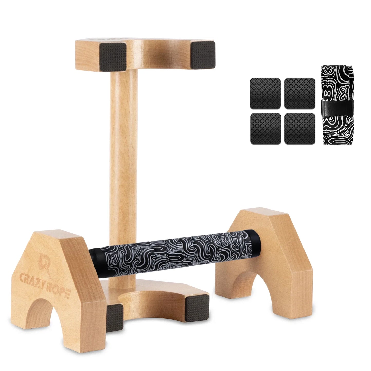 Pair of wooden push-up bars with ergonomic grips and non-slip bases for strength training and bodyweight fitness