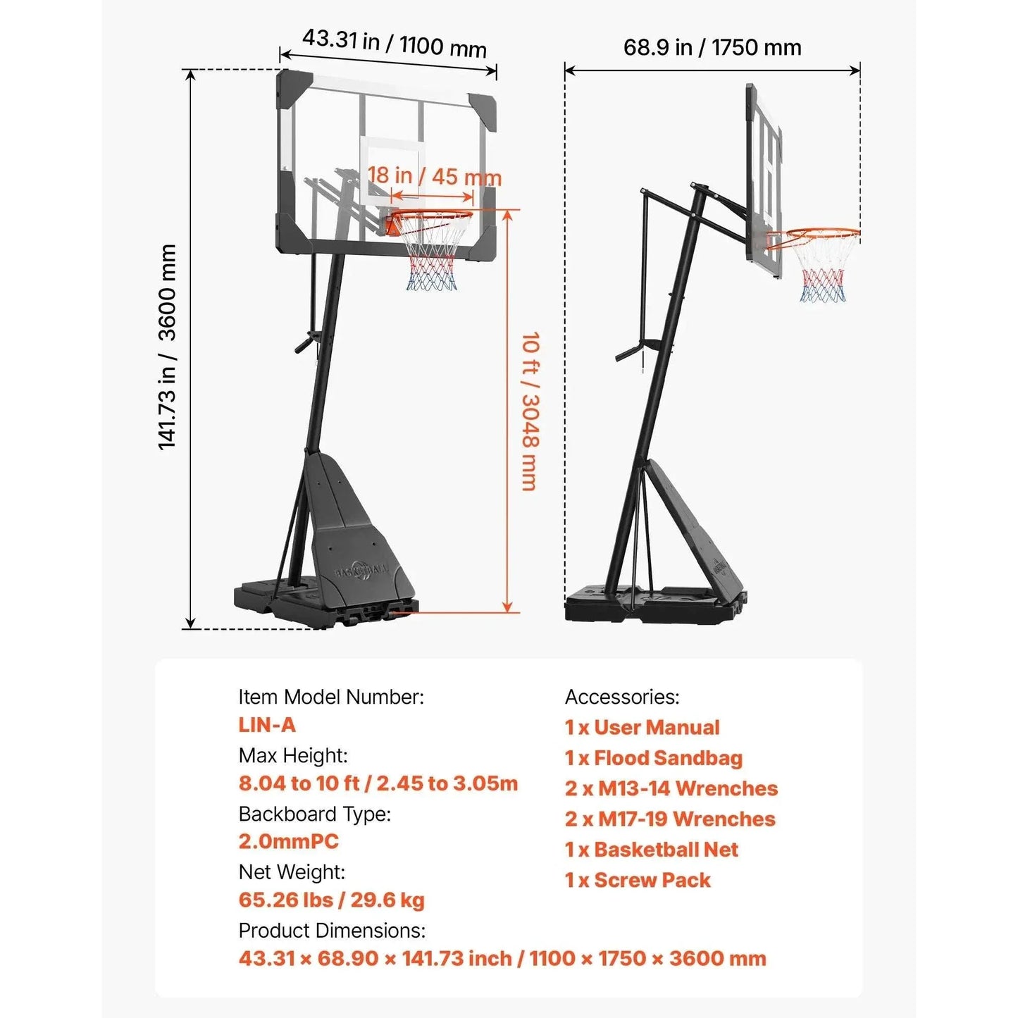 Adjustable portable basketball stand with 44–54 inch impact-resistant polycarbonate backboard and sturdy fillable base