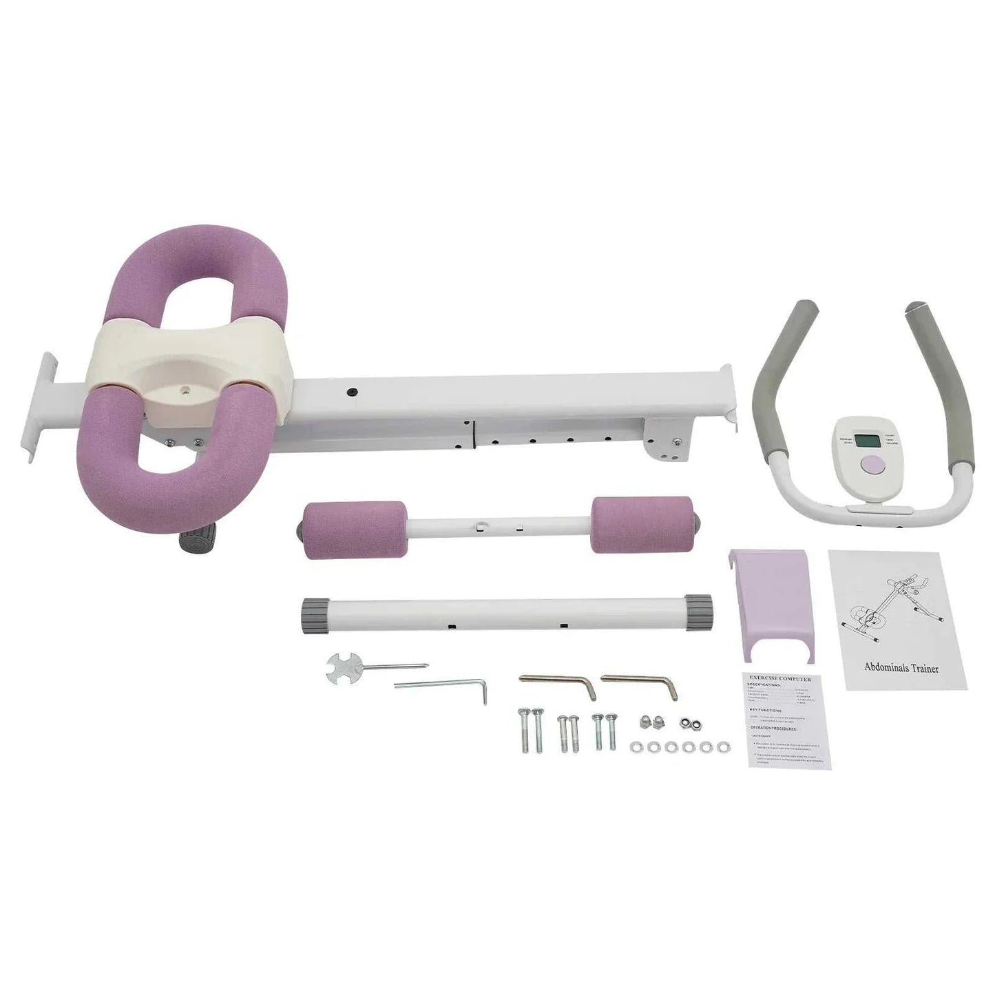 White and purple adjustable abdominal trainer machine with LED display for home gym workouts
