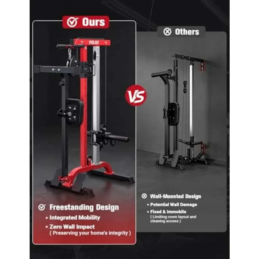 Black steel frame rowing cable machine with lat pulldown station and 6 attachments for home gym use