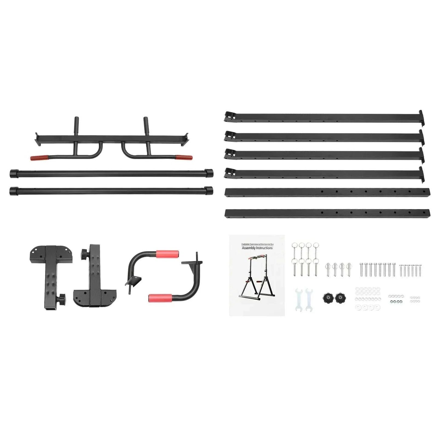 Black adjustable pull up bar with parallel bars for home gym strength training, made of carbon steel, foldable and freestanding.
