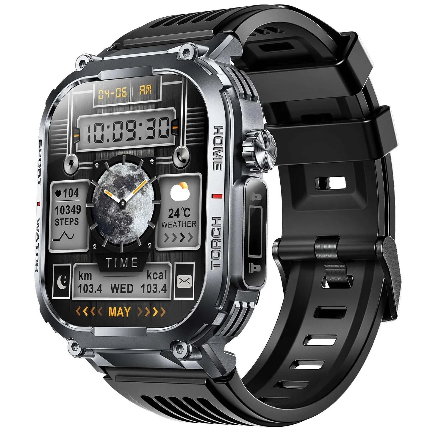 EIGIIS 2024 Smartwatch Men with 2.02-inch display, 3ATM waterproof, compass, LED flashlight, fitness tracking, and Bluetooth calling.
