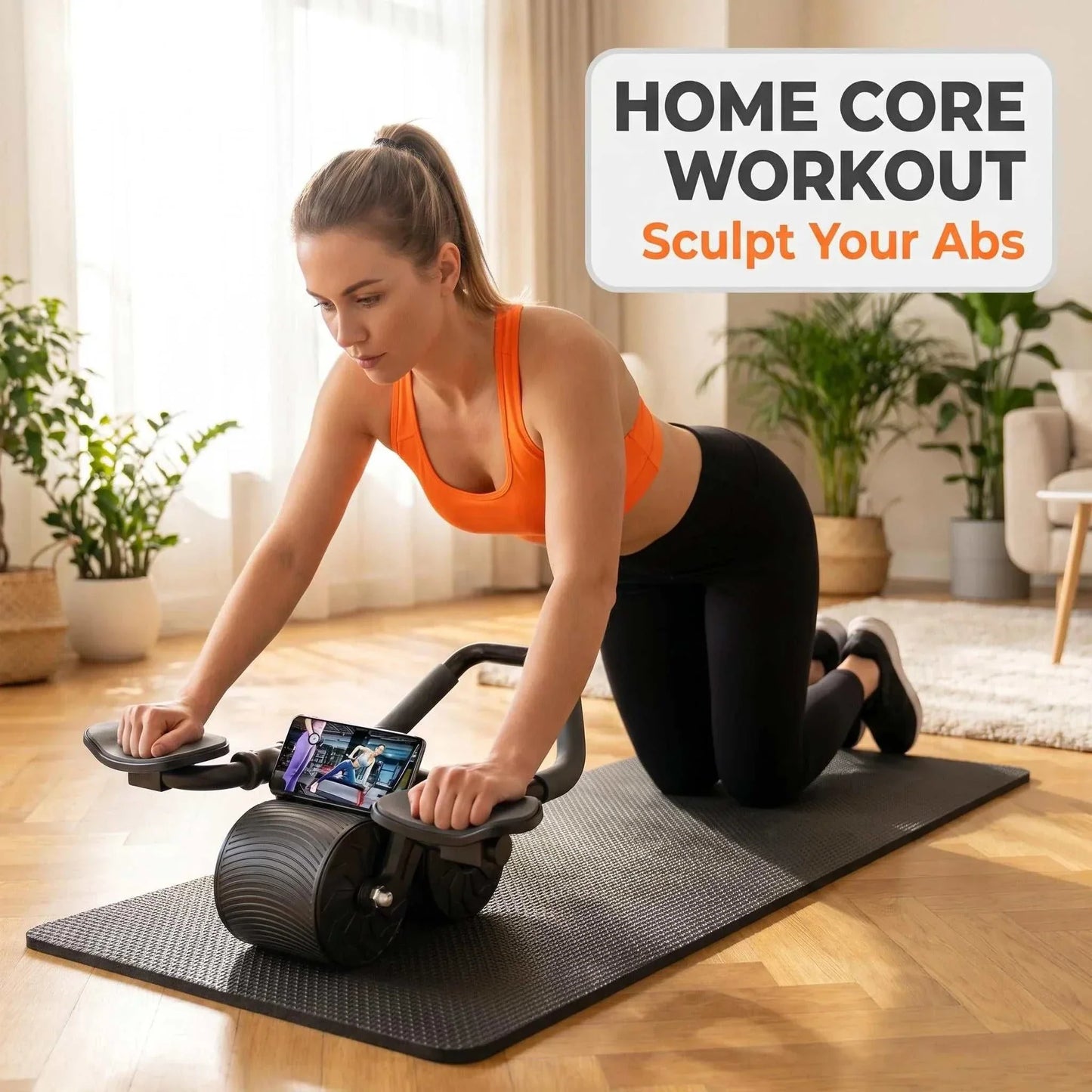 3 in 1 core workout ab roller with knee pad phone holder and timer in black for home fitness