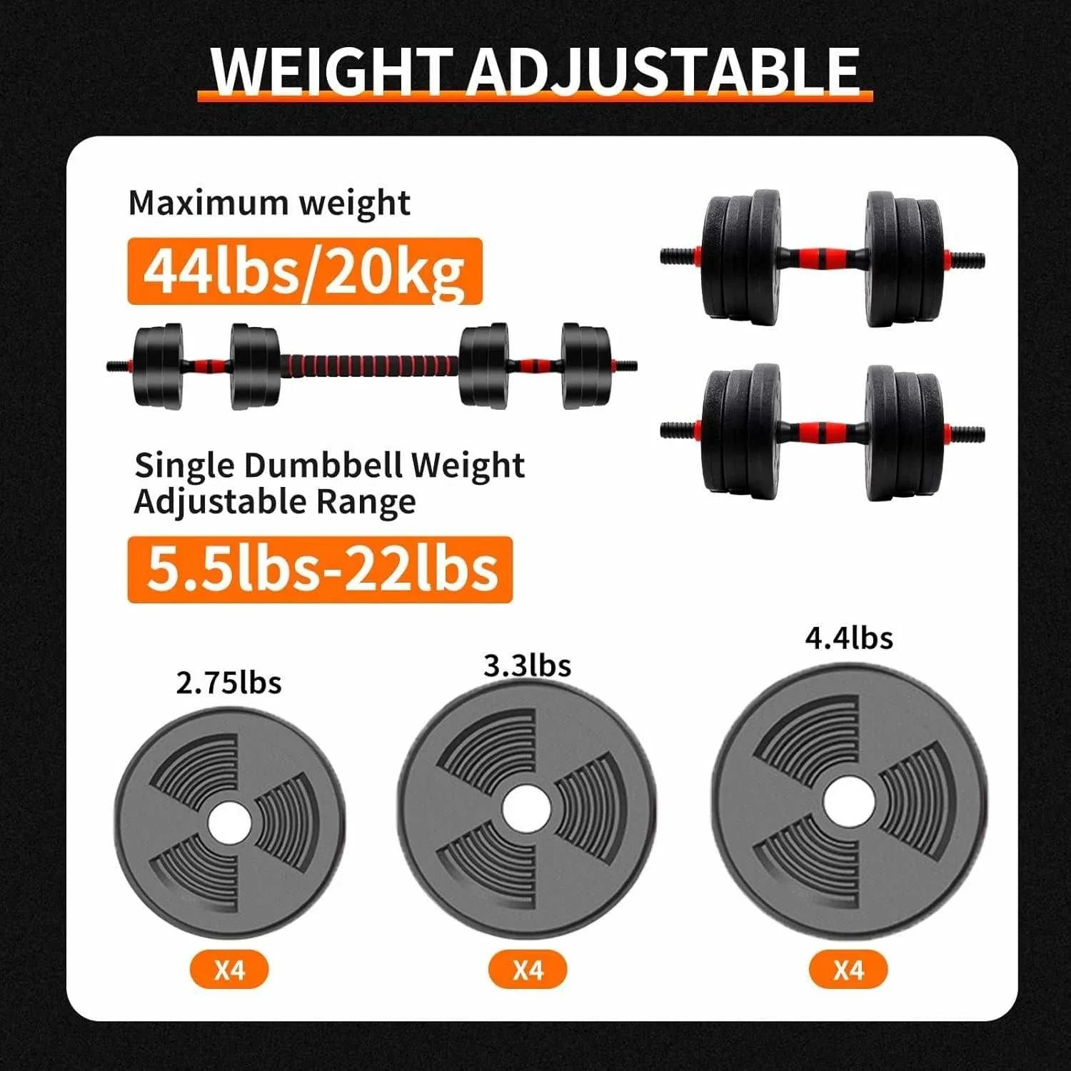 Adjustable Barbell & Dumbbell Set – 5–44 lbs Home Gym Weight Training 