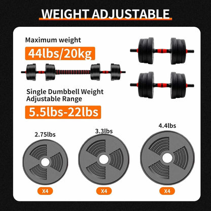 Adjustable Barbell & Dumbbell Set – 5–44 lbs Home Gym Weight Training 