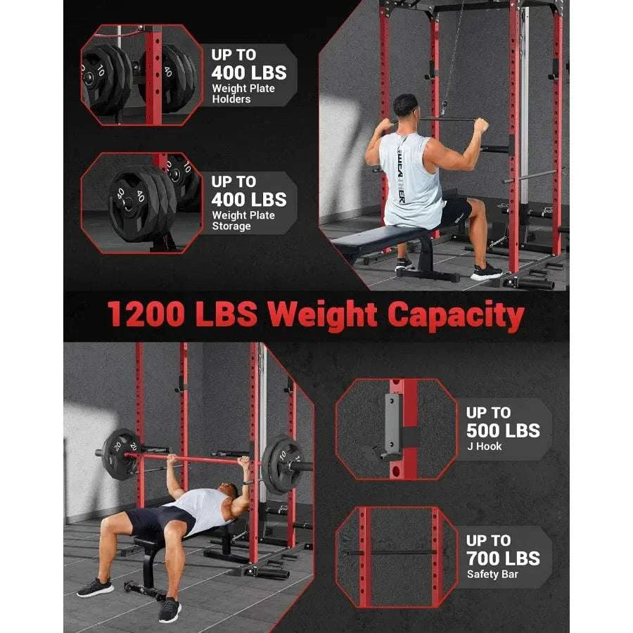 Power Cage Rack with Pulley System – 1200LBS Home Gym Strength Rack 