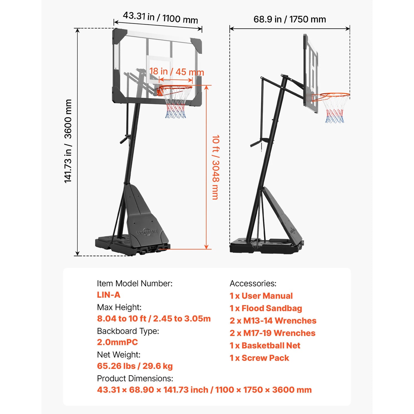 SucceBuy Adjustable Portable Basketball Hoop 44–54" Backboard