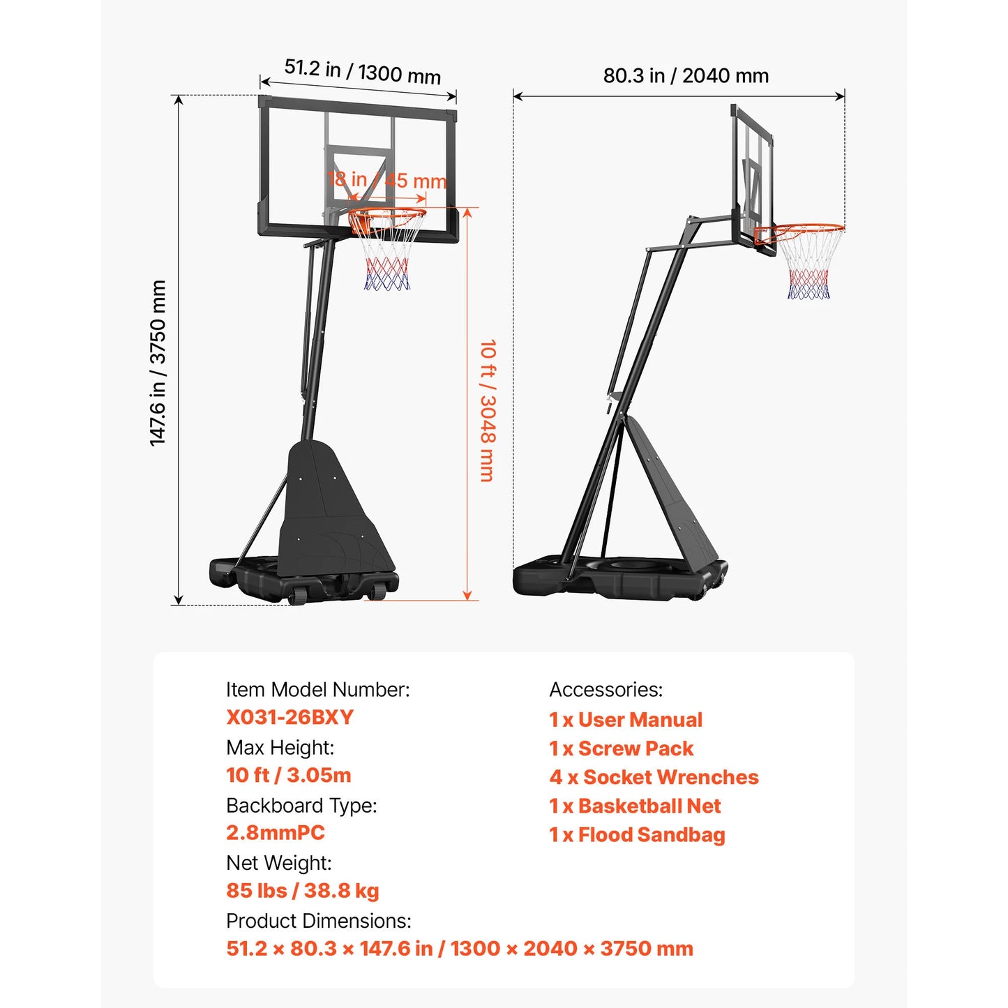 SucceBuy Adjustable Portable Basketball Hoop 44–54" Backboard