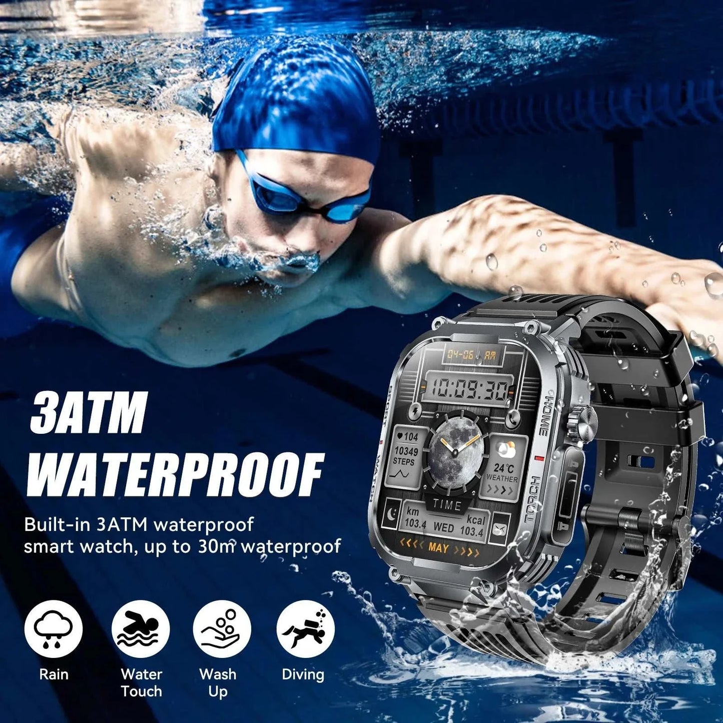 EIGIIS 2024 Smartwatch Men with 2.02-inch display, 3ATM waterproof, compass, LED flashlight, fitness tracking, and Bluetooth calling.