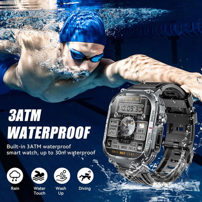 EIGIIS 2024 Smartwatch Men with 2.02-inch display, 3ATM waterproof, compass, LED flashlight, fitness tracking, and Bluetooth calling.