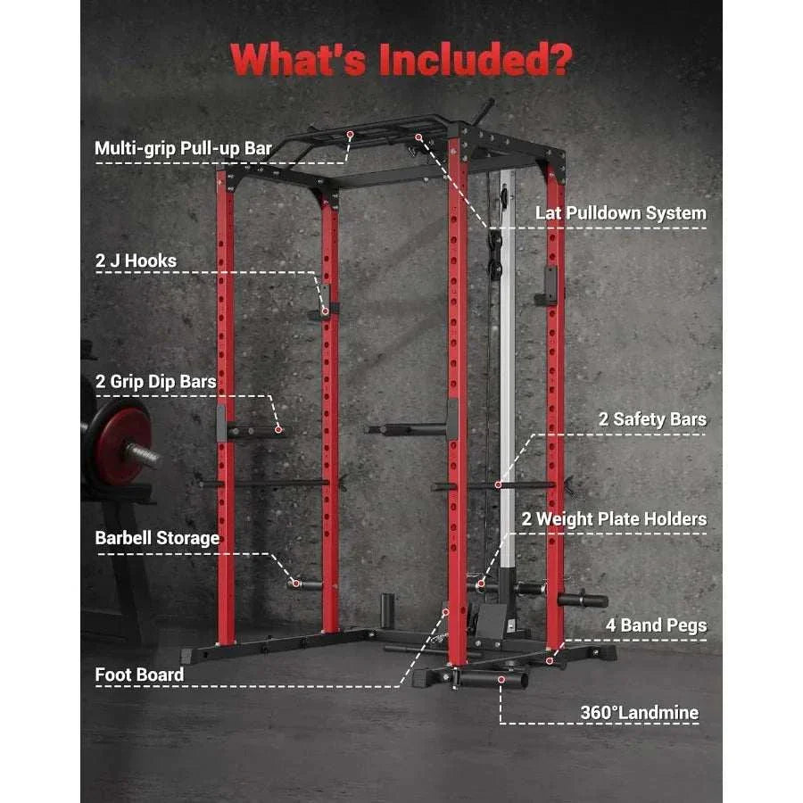 Power Cage Rack with Pulley System – 1200LBS Home Gym Strength Rack 