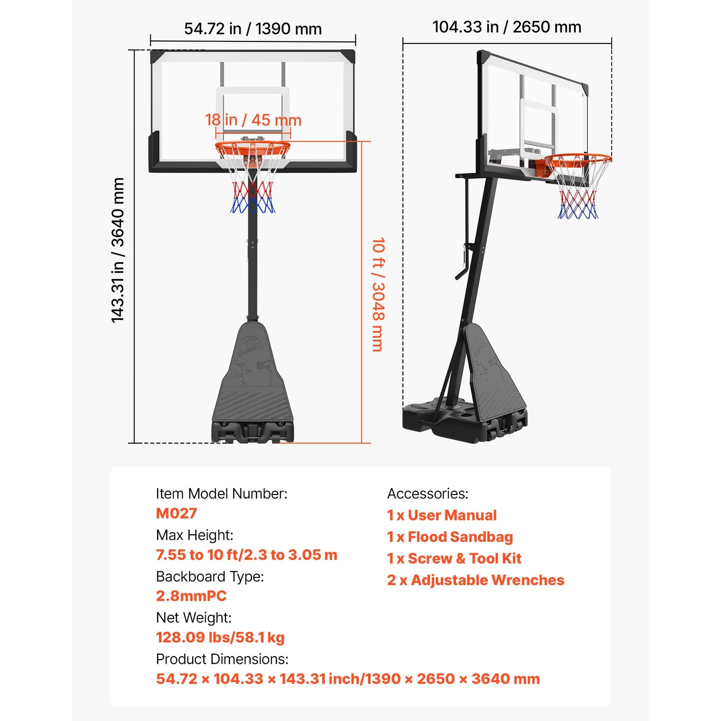 SucceBuy Adjustable Portable Basketball Hoop 44–54" Backboard