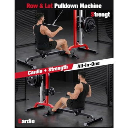 Home gym rowing cable machine LAT pulldown station: steel frame, black, 2-in-1 adjustable foldable design with 6 attachments, 4