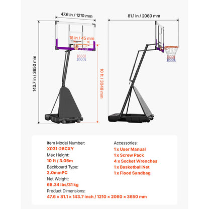 SucceBuy Adjustable Portable Basketball Hoop 44–54" Backboard