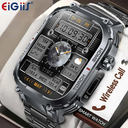 EIGIIS 2024 Smartwatch Men with 2.02-inch display, 3ATM waterproof, compass, LED flashlight, fitness tracking, and Bluetooth calling.
