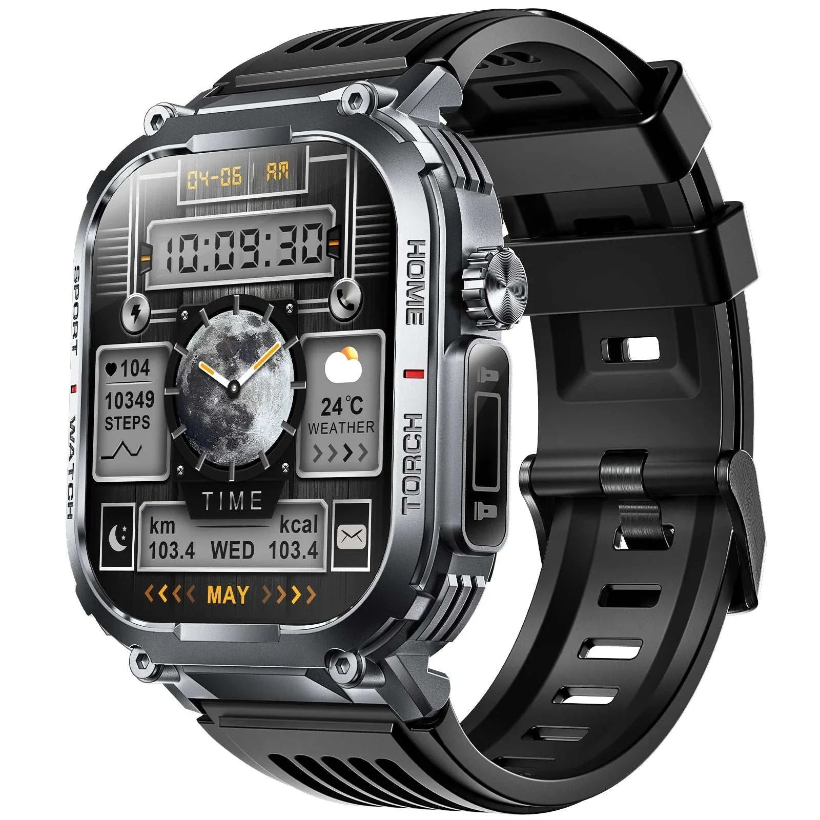 EIGIIS 2024 Smartwatch Men with 2.02-inch display, 3ATM waterproof, compass, LED flashlight, fitness tracking, and Bluetooth calling.