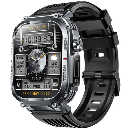EIGIIS 2024 Smartwatch Men with 2.02-inch display, 3ATM waterproof, compass, LED flashlight, fitness tracking, and Bluetooth calling.