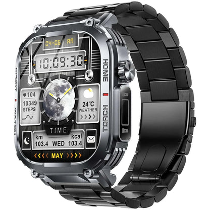 EIGIIS 2024 Smartwatch Men with 2.02-inch display, 3ATM waterproof, compass, LED flashlight, fitness tracking, and Bluetooth calling.