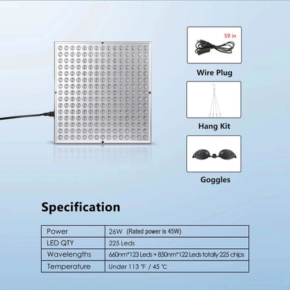 LED red light therapy panel with 225 high-intensity LEDs for anti-aging, skin rejuvenation, and pain relief