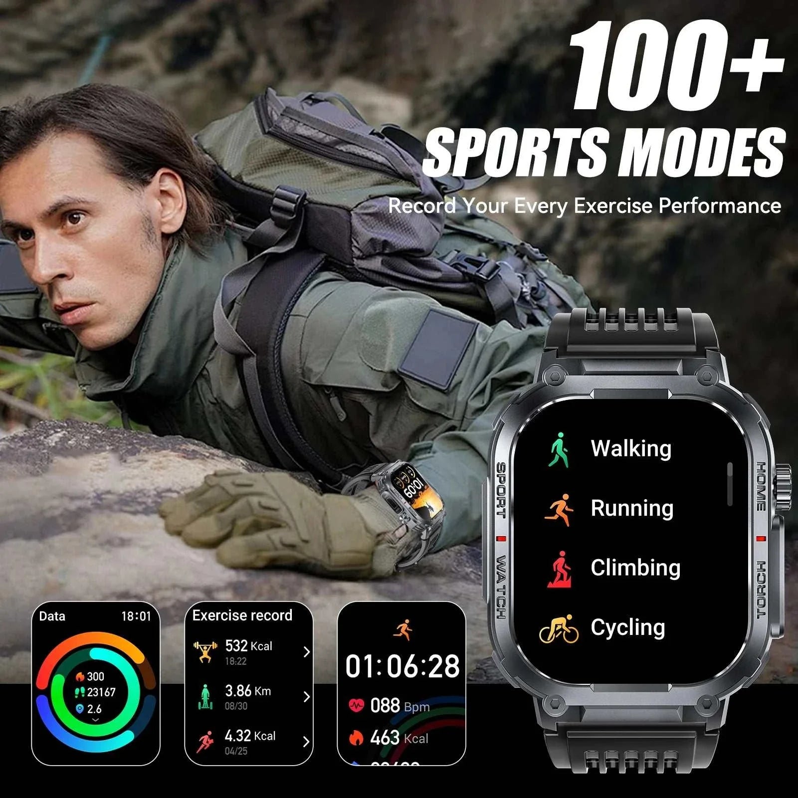 EIGIIS 2024 Smartwatch Men with 2.02-inch display, 3ATM waterproof, compass, LED flashlight, fitness tracking, and Bluetooth calling.