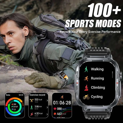 EIGIIS 2024 Smartwatch Men with 2.02-inch display, 3ATM waterproof, compass, LED flashlight, fitness tracking, and Bluetooth calling.