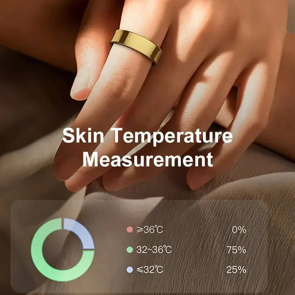R09 smart ring with charging case showing health monitoring features