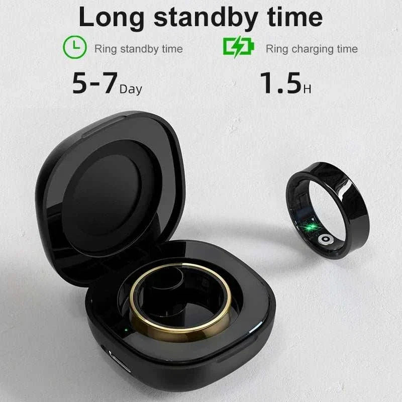 R09 smart ring with charging case monitoring heart rate and SpO2